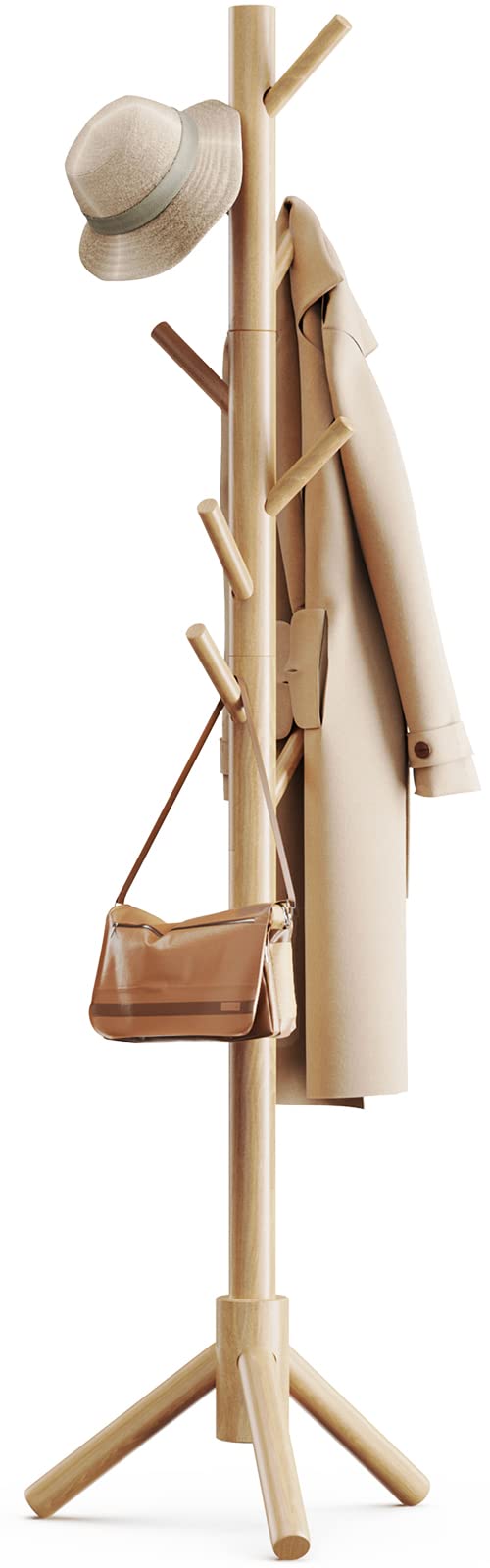 Pipishell Coat Rack Sturdy Wooden Coat Rack Stand, Adjustable Coat Tree, Free Standing Tree Hanger With 4 Sections & 8 Hooks, For Home/Bedroom/Office/Hallway/Entryway